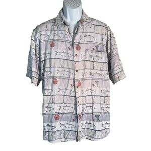 SUMMA Men's Short Sleeve Button Down‎ Fish Shirt White Large